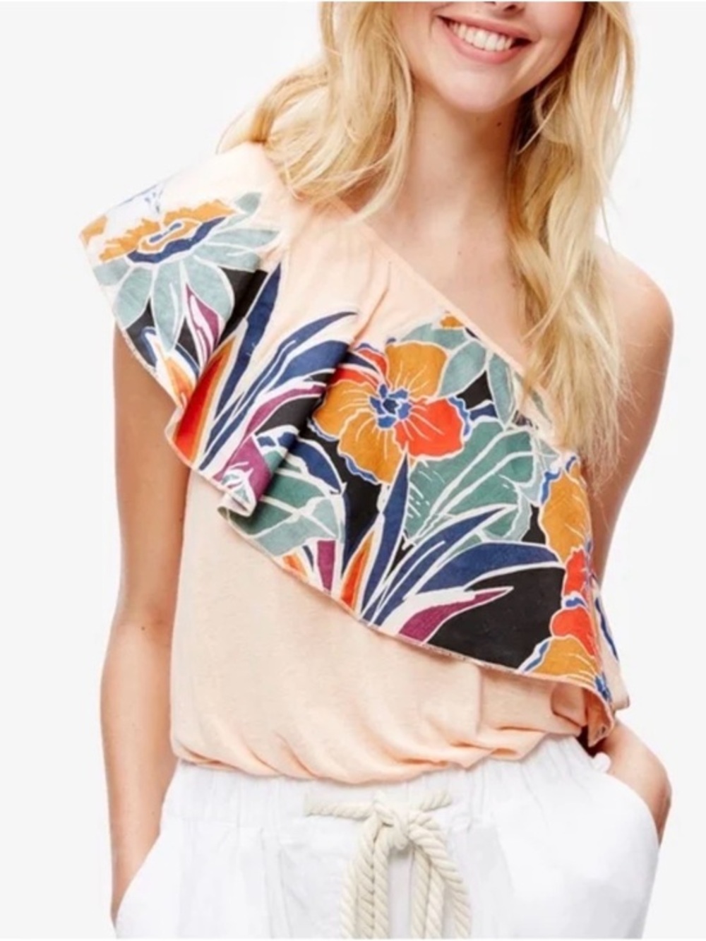 Free People Peach One-Shoulder Camisole with Multicolor Floral Ruffle Size Large